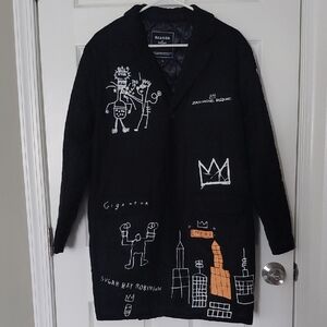 Rare Basquiat Black Wool Mid Coat With Signature And Artwork 23" Pit To Pit